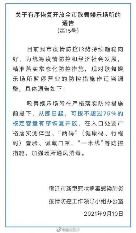 宿遷發(fā)布關(guān)于有序恢復(fù)開放全市歌舞娛樂場所的通告