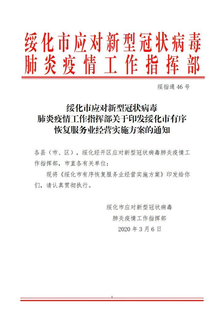 綏指通46號(hào)｜關(guān)于印發(fā)綏化市有序恢復(fù)服務(wù)業(yè)經(jīng)營(yíng)實(shí)施方案的通知